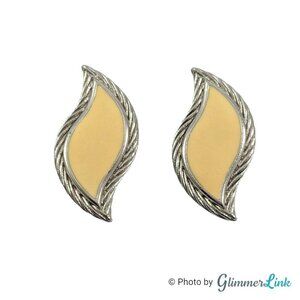 Vintage Leaf Shaped Cream Enamel Rope Trim Silver Tone Stud Earrings